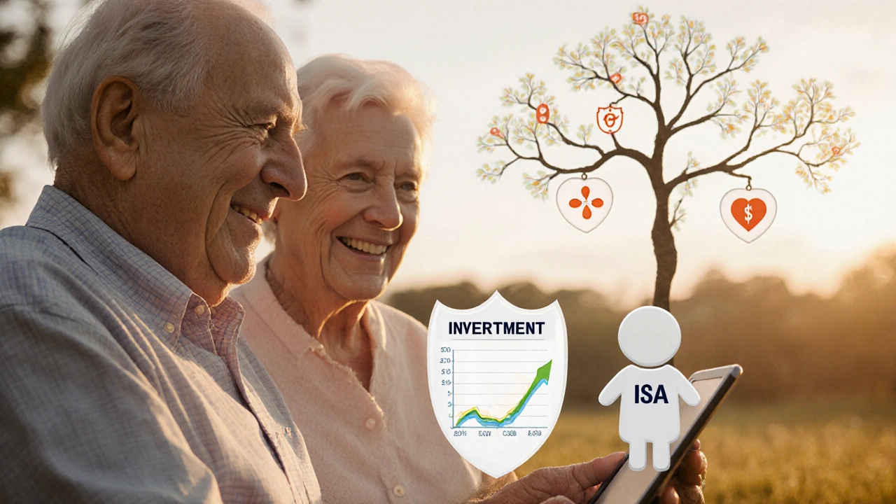 An elderly couple viewing an ISA investment graph on a tablet, with inflation fading away in the background.