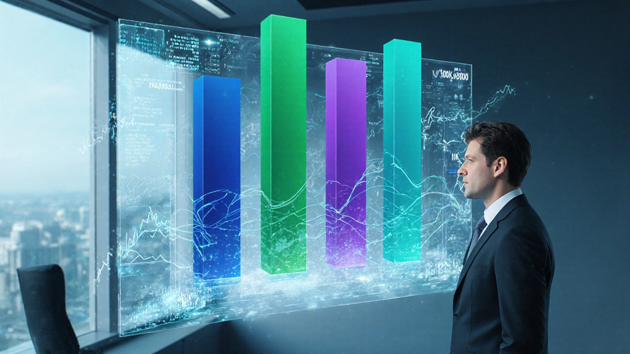 Analyst examining floating holographic bar charts of savings percentages for four countries.