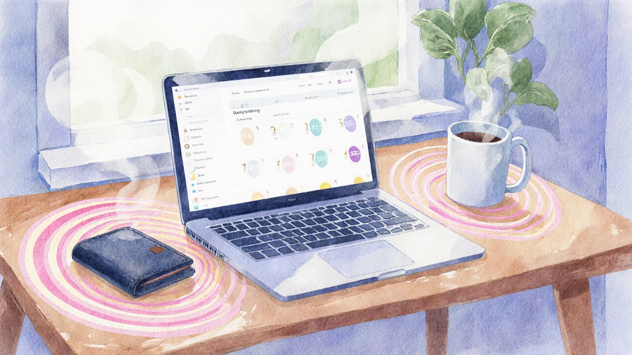 Calm desk scene with laptop, hardware wallet, coffee, and subtle rings indicating daily earnings.