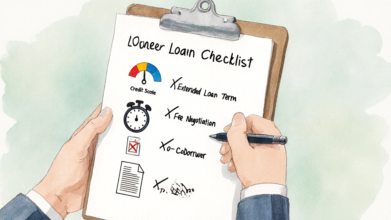 Checklist on clipboard showing icons for credit score, term length, fee waiver, and co‑borrower.