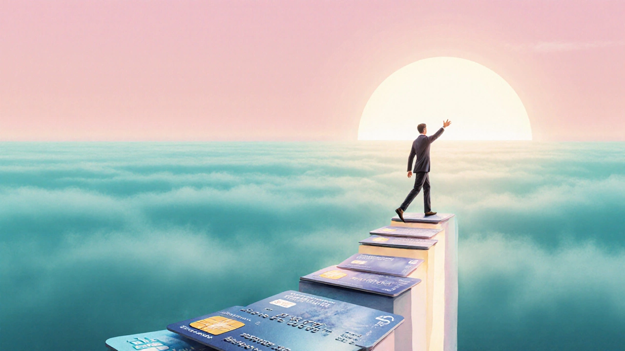 Conceptual scene of a person walking on card stones toward a rising credit‑score mountain at sunrise.