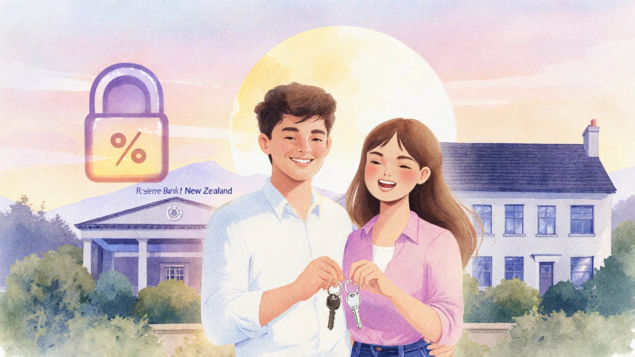 Couple holding house keys in front of a home with a lock symbolizing a fixed mortgage rate.