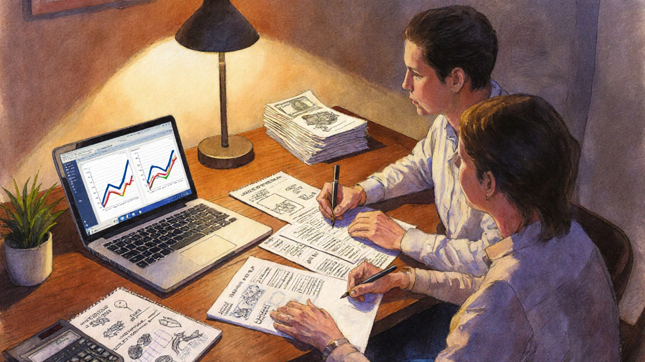 Couple planning retirement finances at a desk with financial tools and warm lighting.