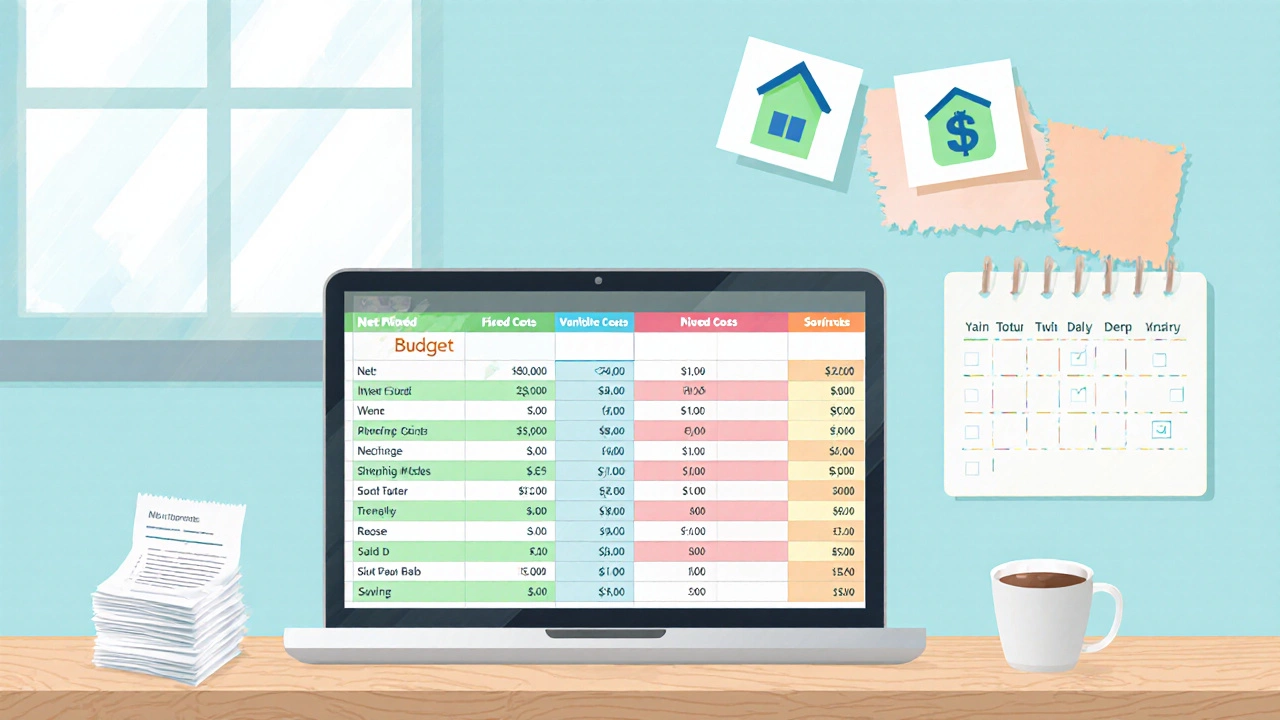 Desk scene with laptop budgeting spreadsheet, receipts, coffee mug, and weekly checklist.