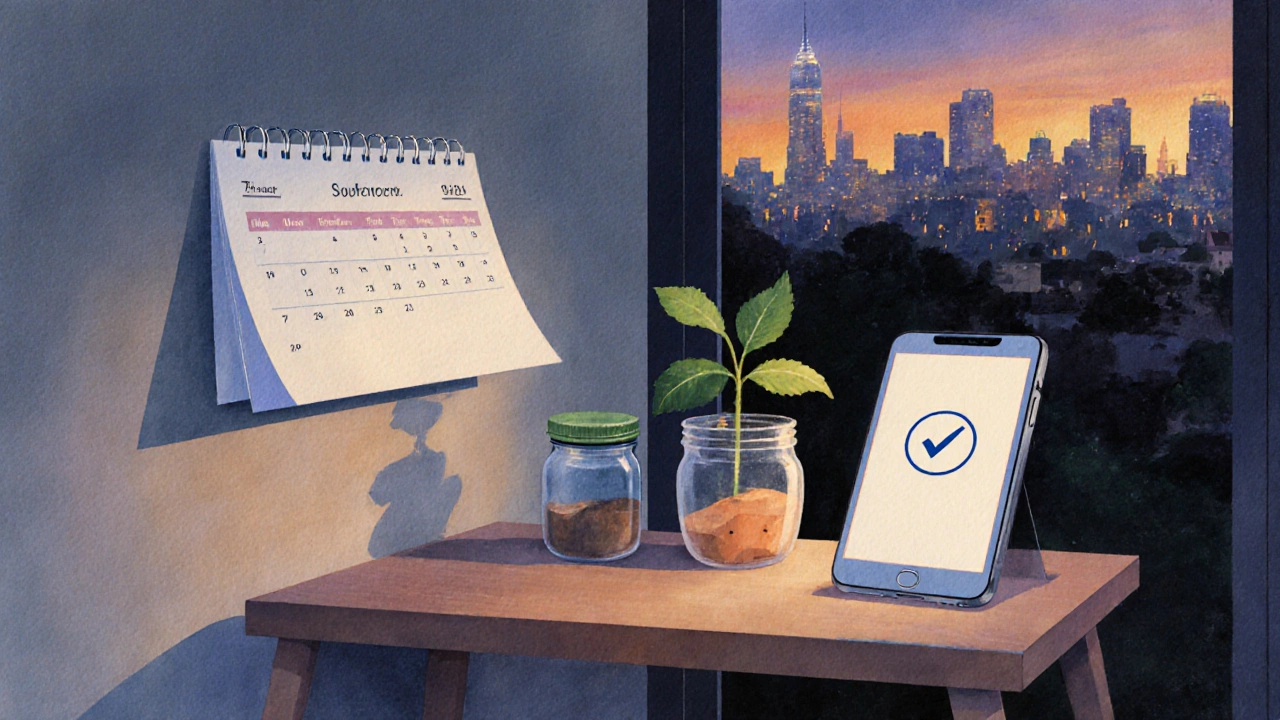 Evening home office with calendar, phone checkmark, plant, and savings jar.