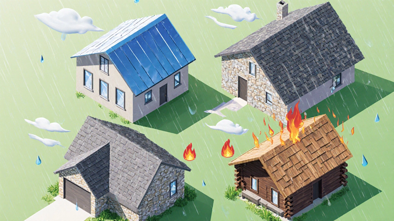 Four houses with metal, concrete, asphalt, and wood roofs shown from an isometric angle.
