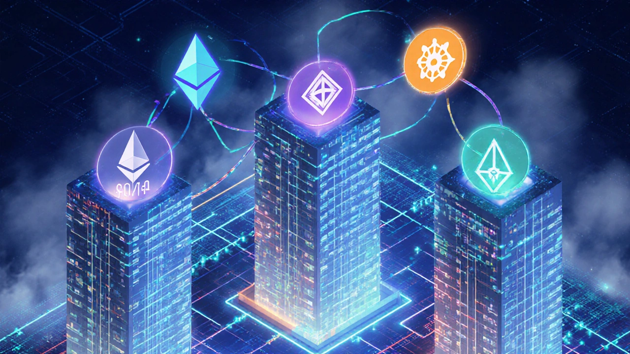 Futuristic network of blockchain nodes with ETH, SOL, ADA, ATOM, AVAX icons orbiting.