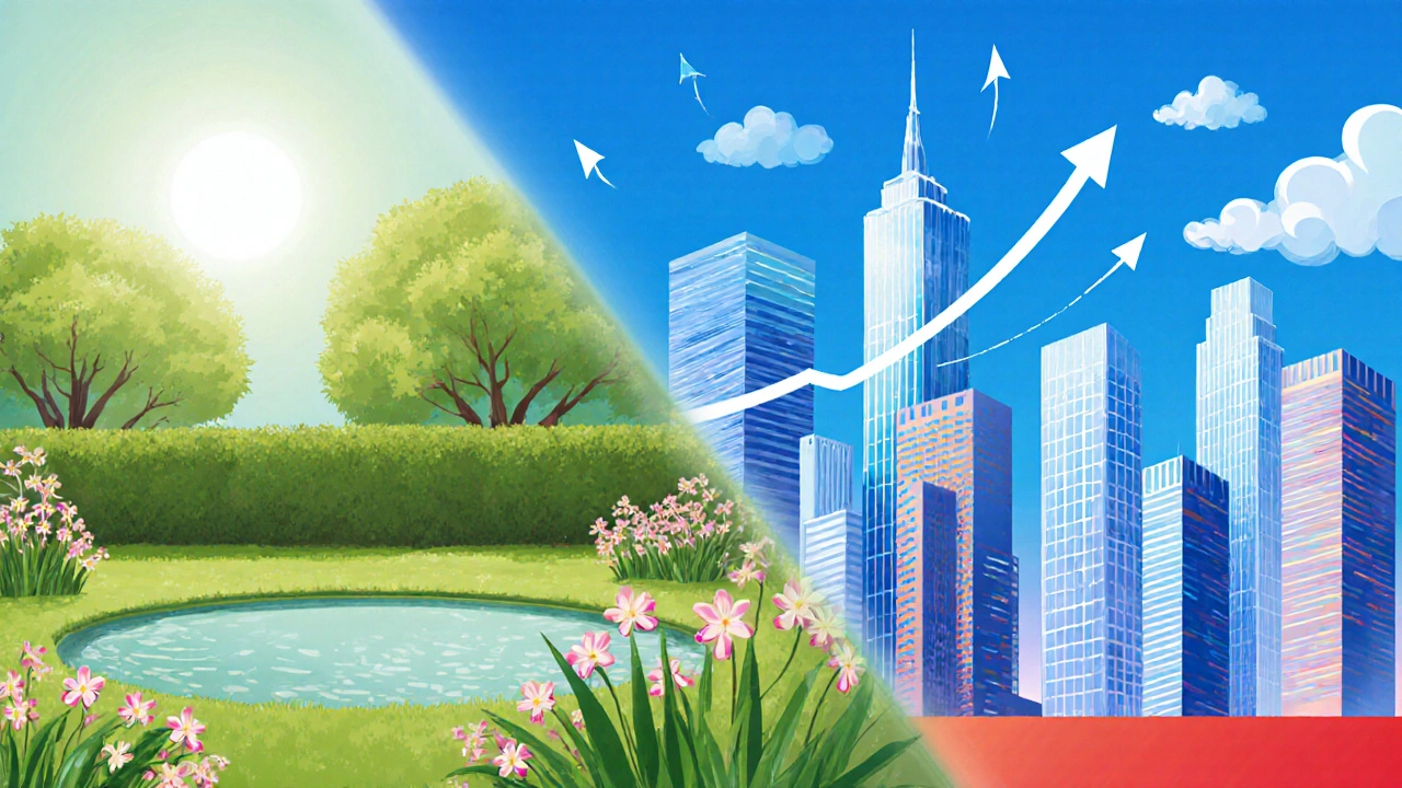 Garden split with city skyline, showing low‑risk cash ISA versus higher‑risk investment ISA.
