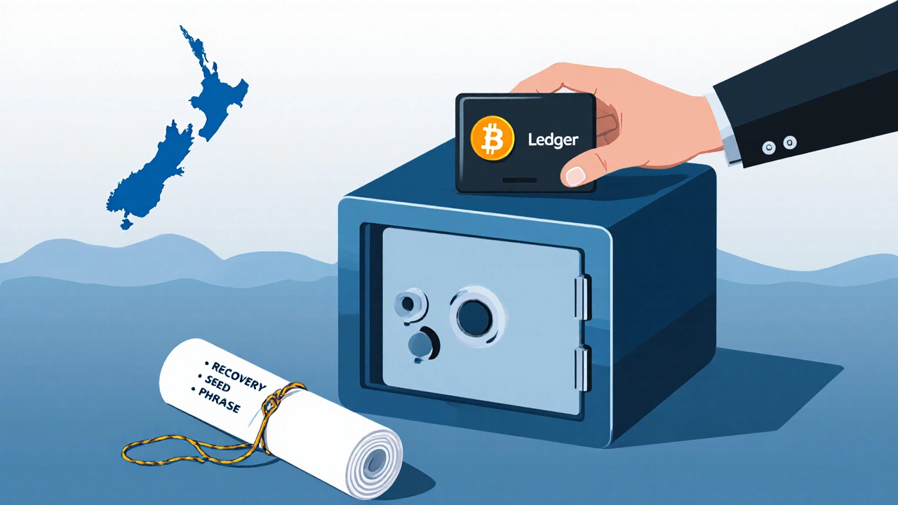 Hand placing a hardware wallet and seed‑phrase paper into a safe.
