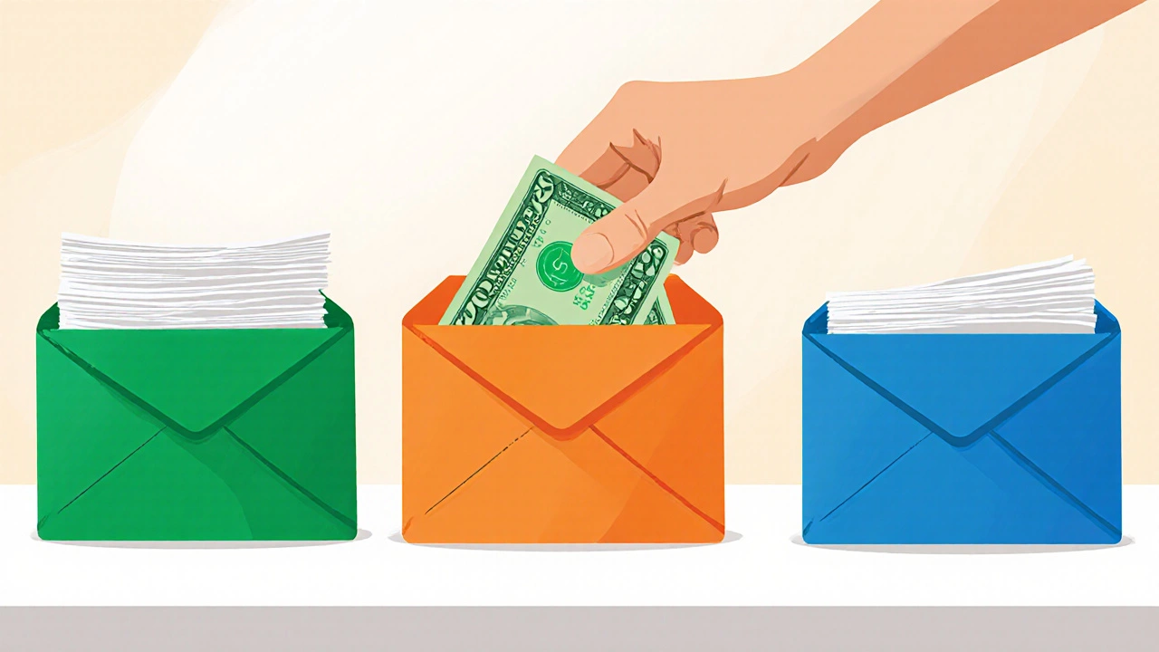 Hand placing cash into a colorful envelope among other expense envelopes on a table.