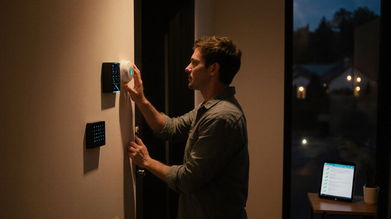 Homeowner installing smoke detector, fire sprinkler, smart security, and deadbolt at night.