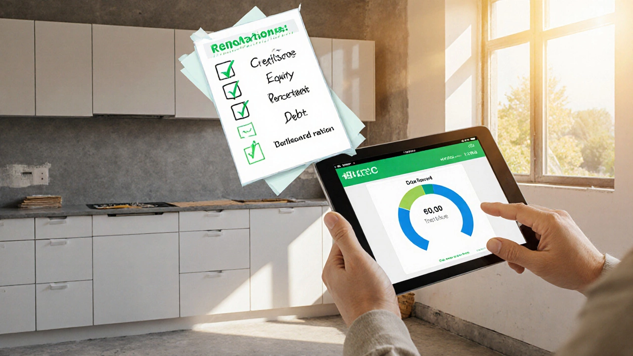 Homeowner planning a kitchen remodel, viewing a HELOC balance on a tablet with floating checklist.