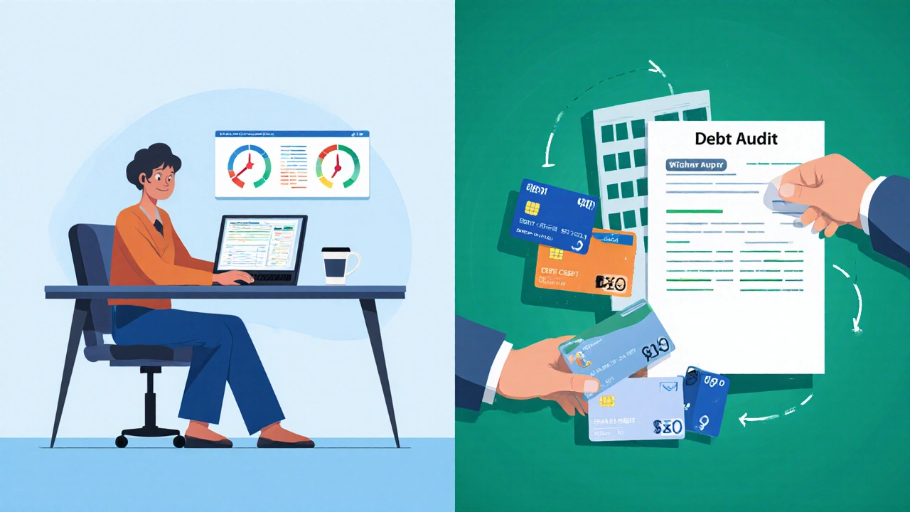 Illustration of a person auditing debt, applying for a loan, and paying off cards to <h2>How Credit Cards Are Affected</h2> balance.