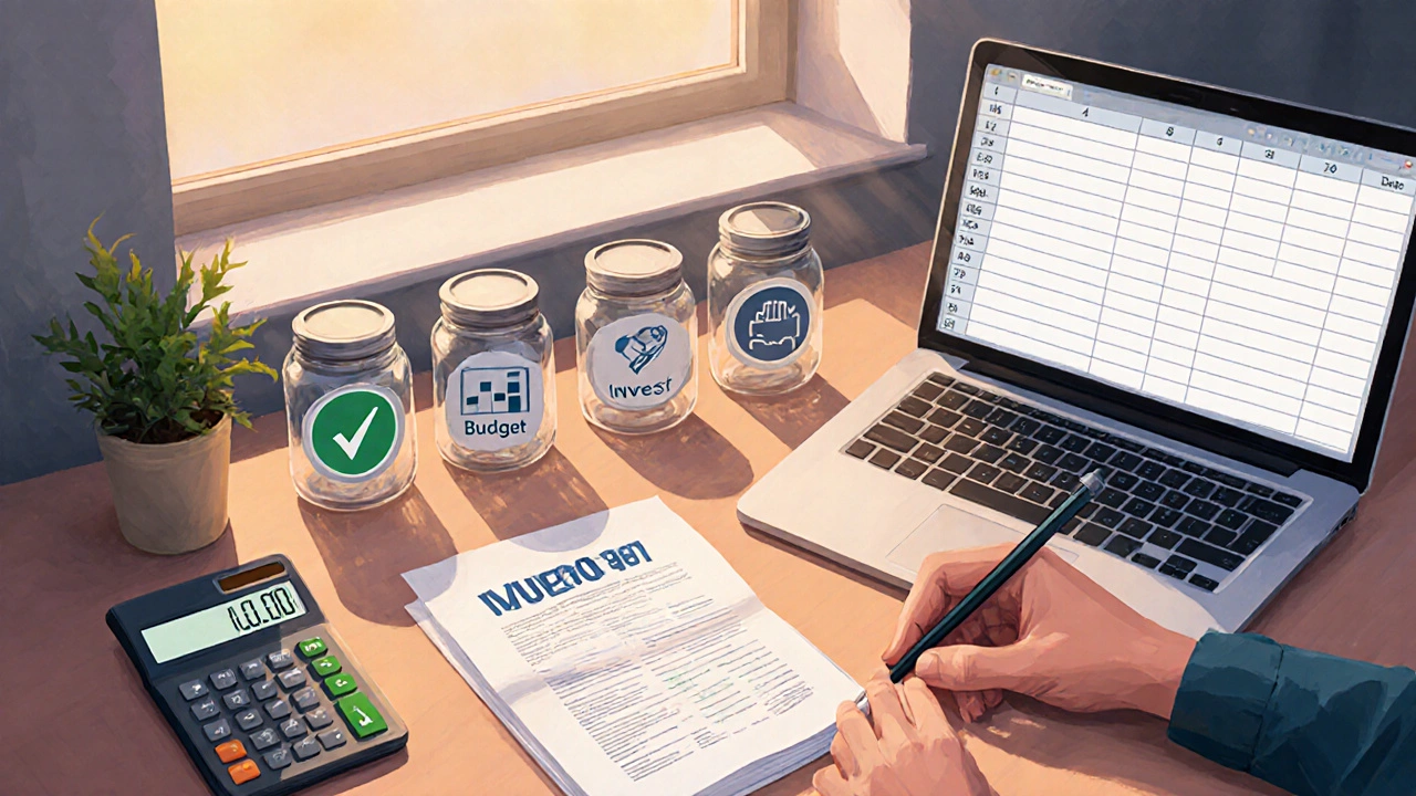 Individual organizing personal budget with jars, calculator, and laptop at a home desk.