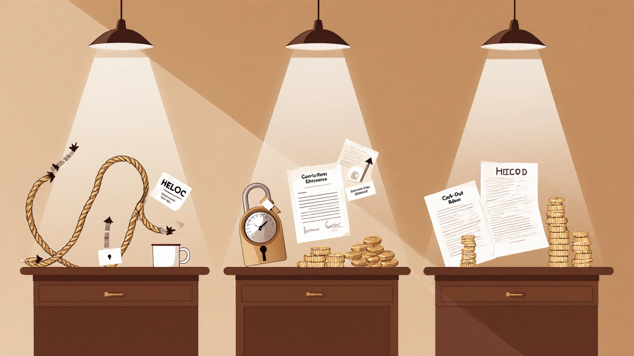 Kitchen with three workstations comparing HELOC, home‑equity loan, and cash‑out refinance using props.