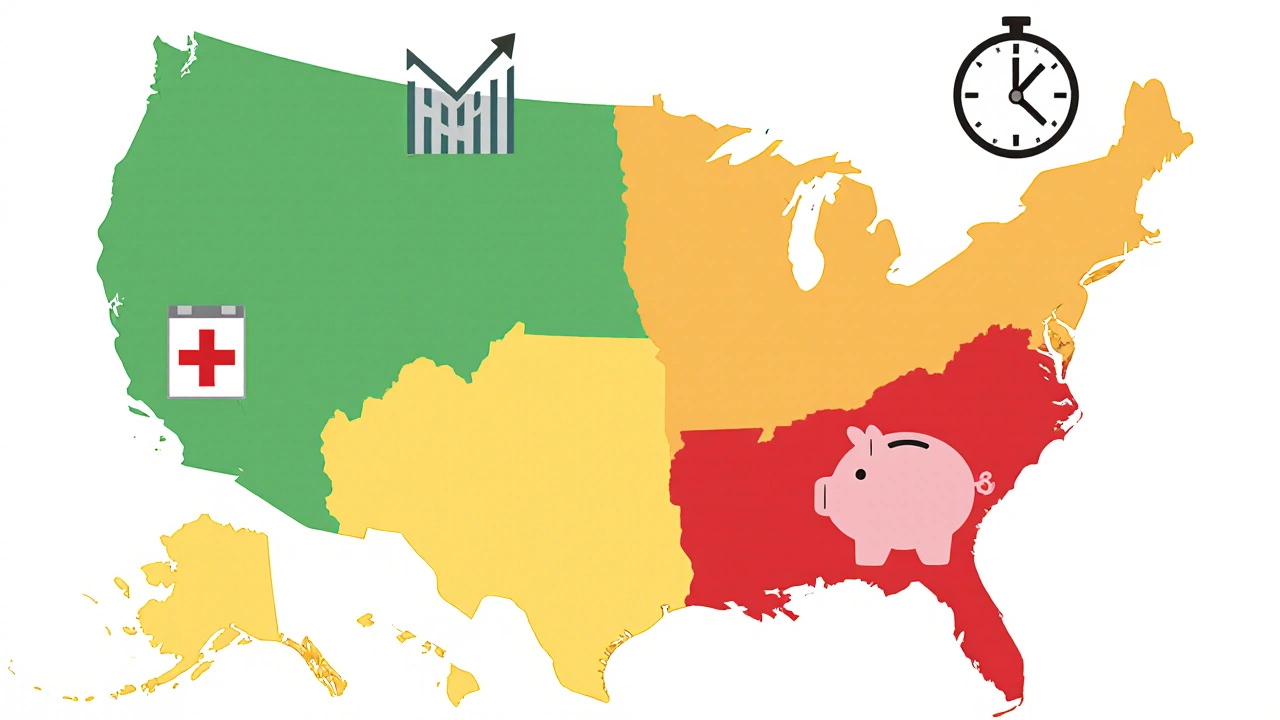 Map illustration showing cost‑of‑living zones with icons for inflation, health, longevity, and income.