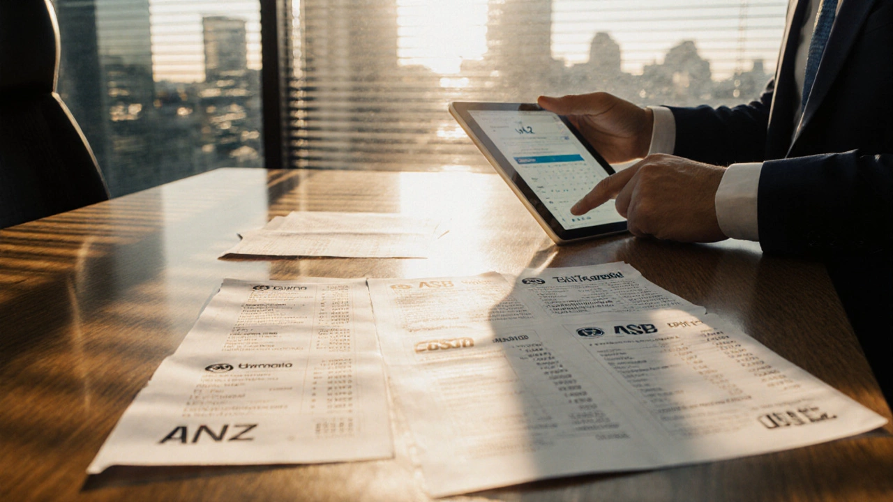 Mortgage broker showing printed loan quotes from major New Zealand banks on a desk.
