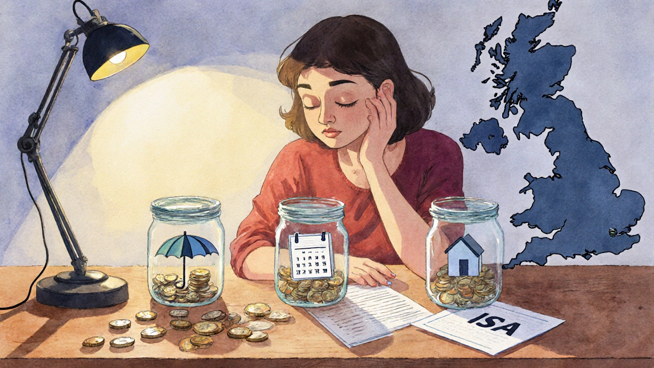 Person at a desk with three jars for emergency, medium‑term, and long‑term goals, planning finances.