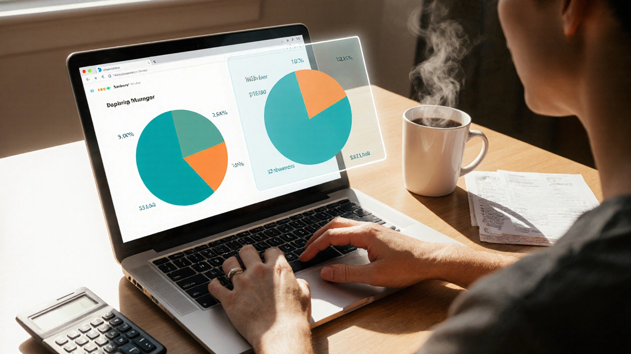 Person at a kitchen table using a laptop with a visible budget pie chart.
