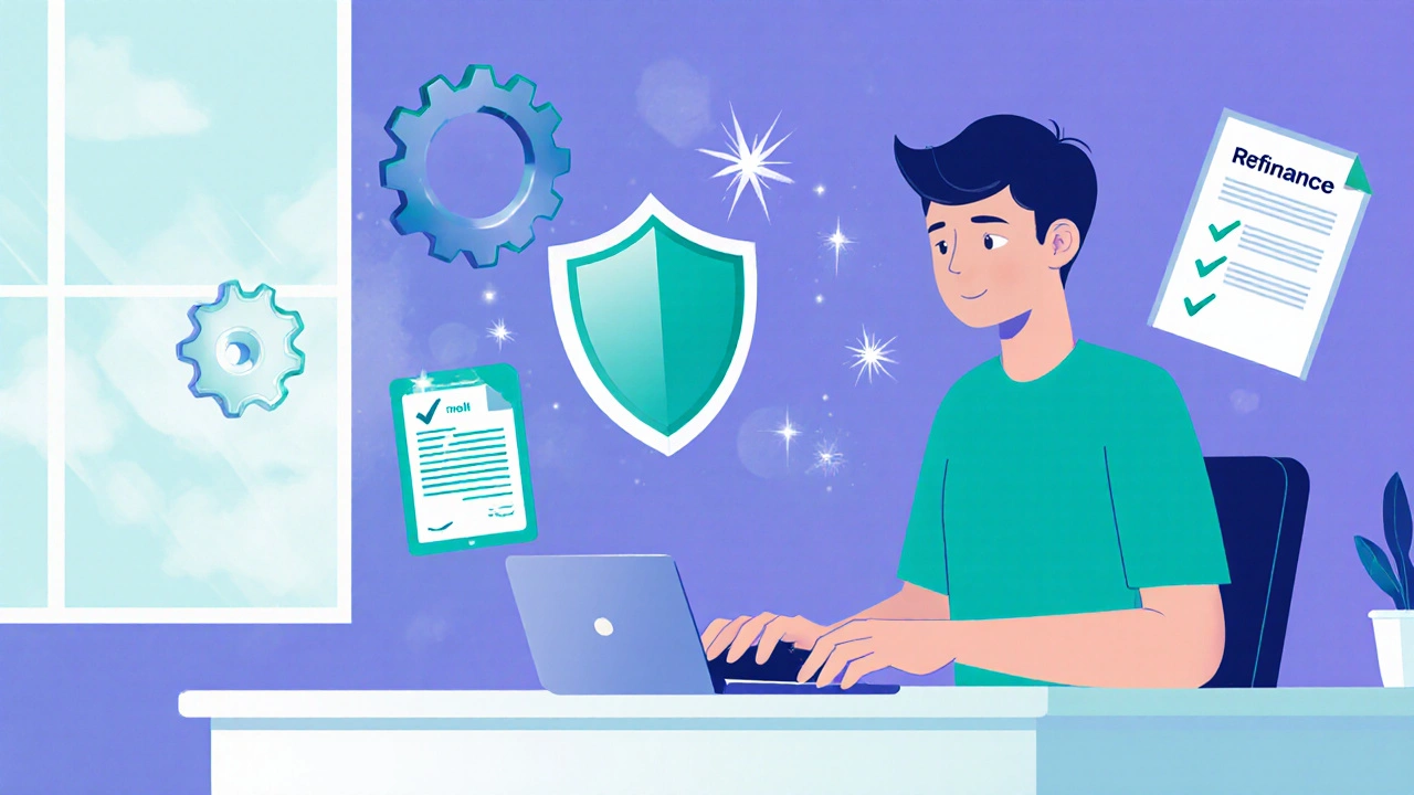 Person at desk with floating icons for autopay, shield, credit report, and refinance.