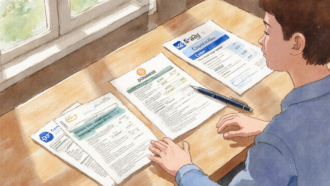 Person comparing three home‑equity loan offers at a kitchen table.