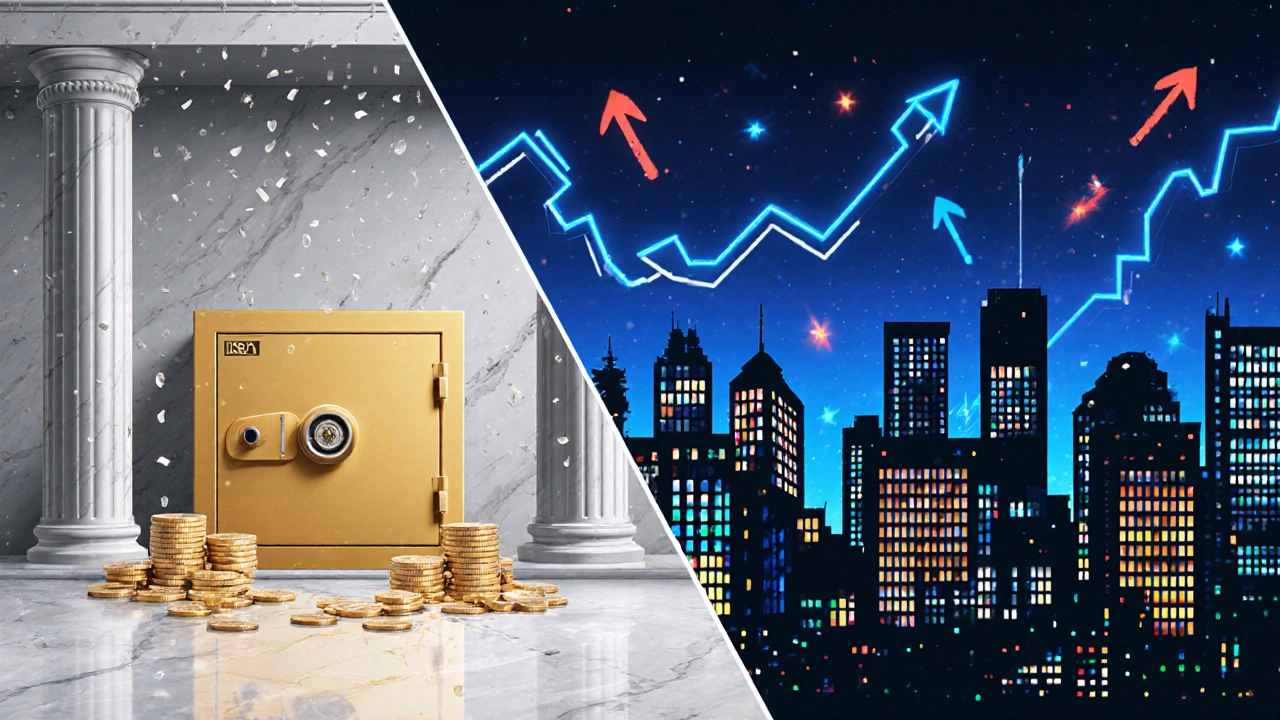 Split illustration contrasting a calm bank vault with a dynamic stock market skyline.