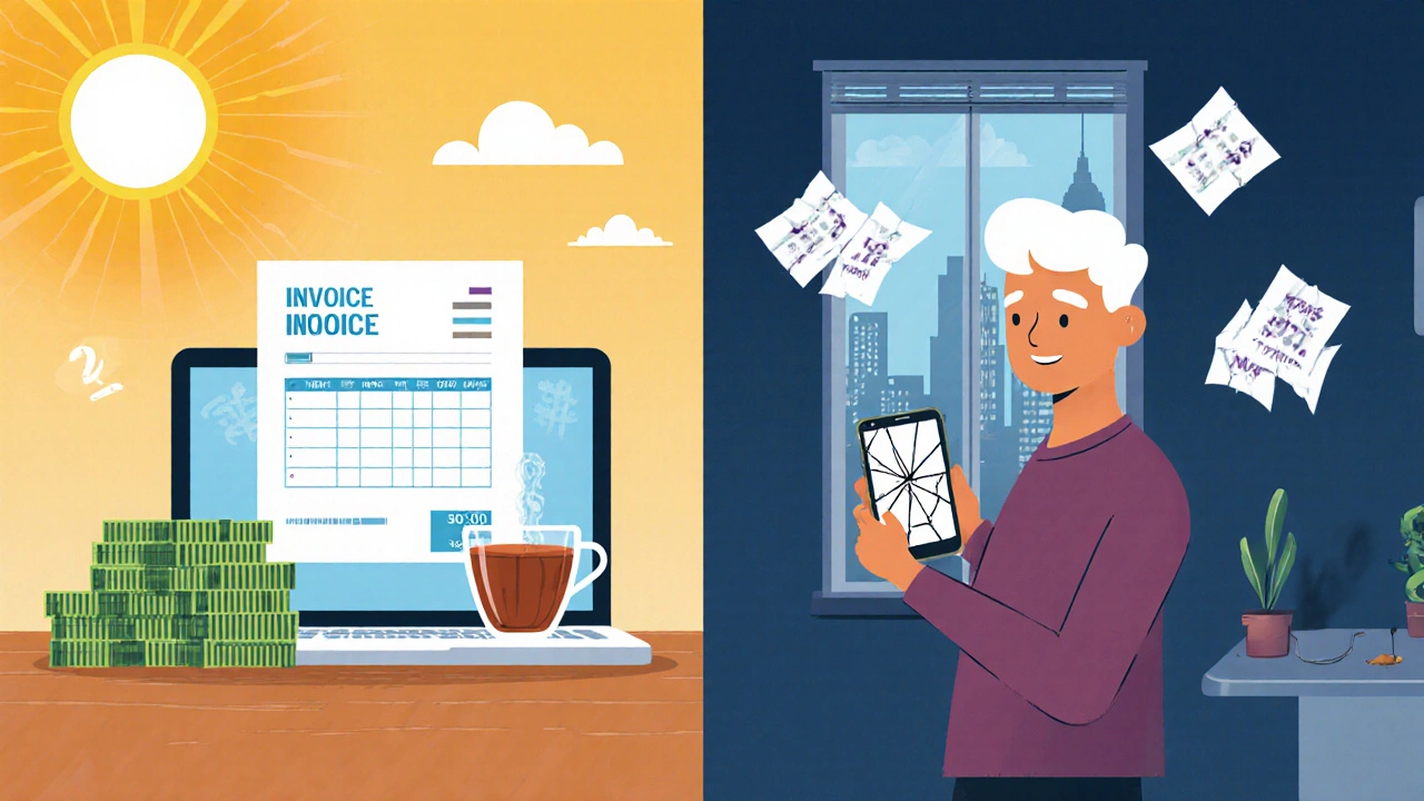 Split illustration of a freelancer's busy month versus a lean month with bills and an empty wallet.