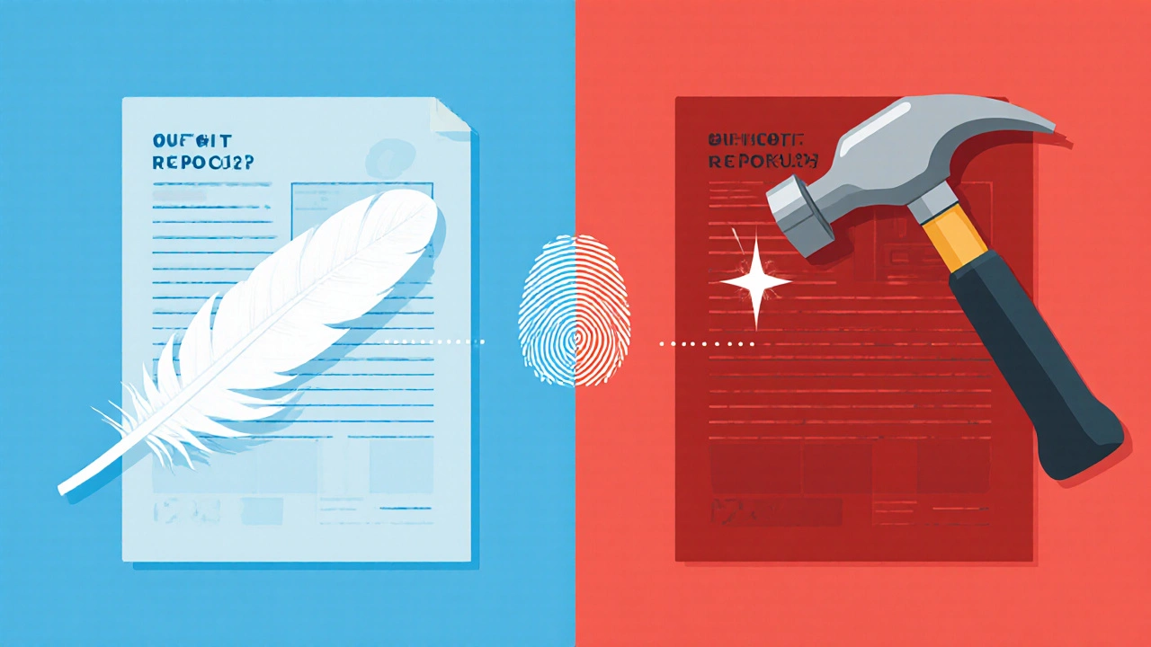 Split illustration showing a feather touching a blue credit report for soft inquiry and a hammer hitting a red report for hard inquiry.