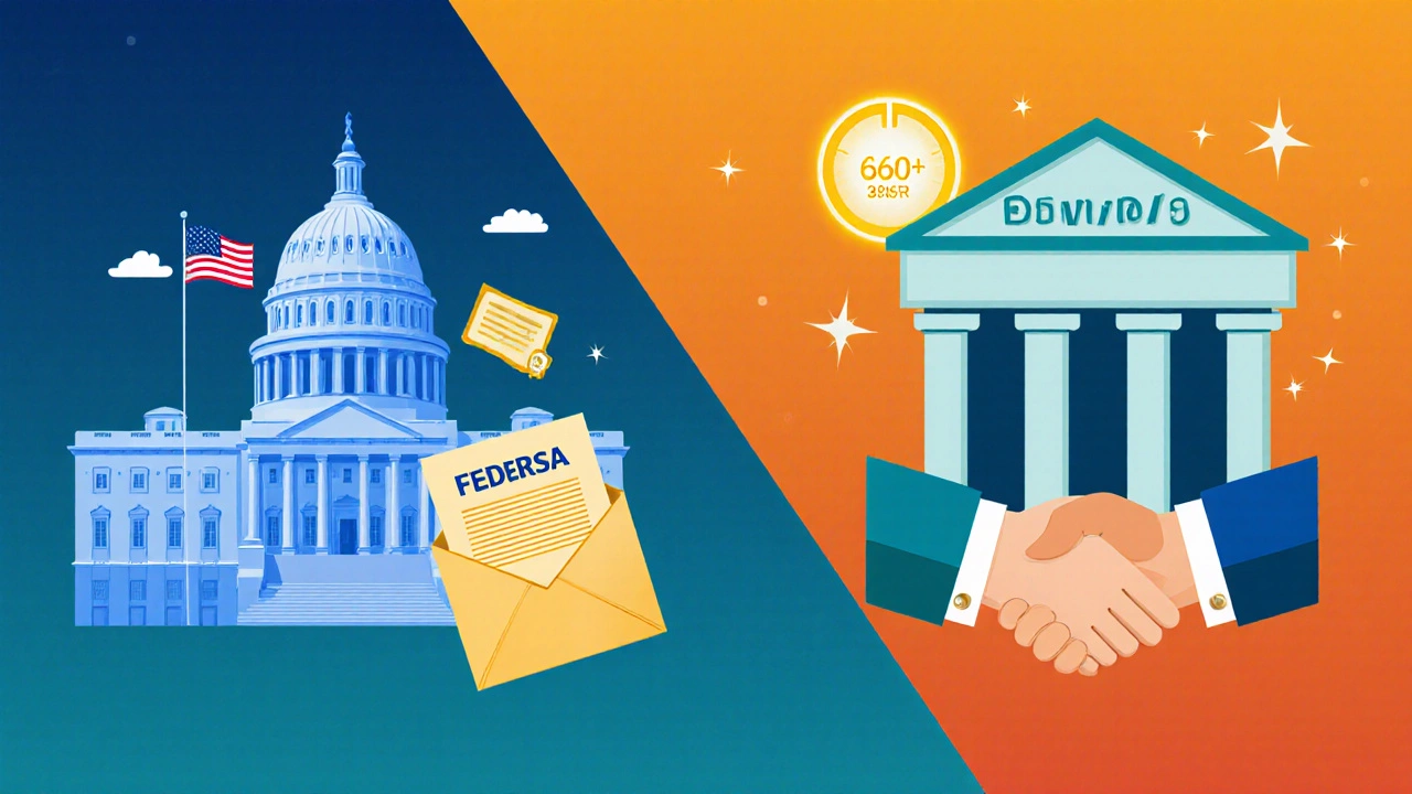Split illustration showing federal loan benefits versus private loan requirements.