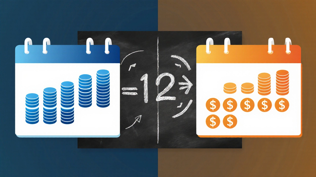 Split view comparing 24‑month low payments and 12‑month high payments with a loan formula.