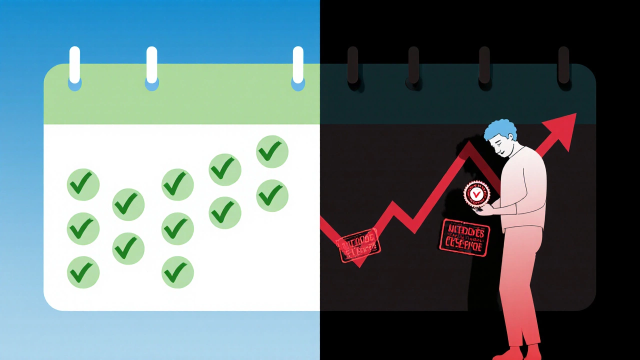 Split view showing calendar with on‑time payments rising and late payments falling.