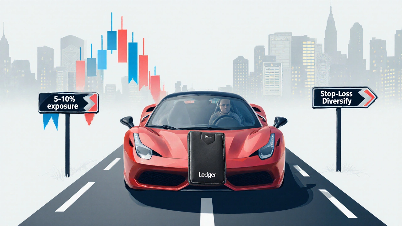 Sports car on a candlestick‑shaped road with a hardware‑wallet seatbelt and diversification signs.