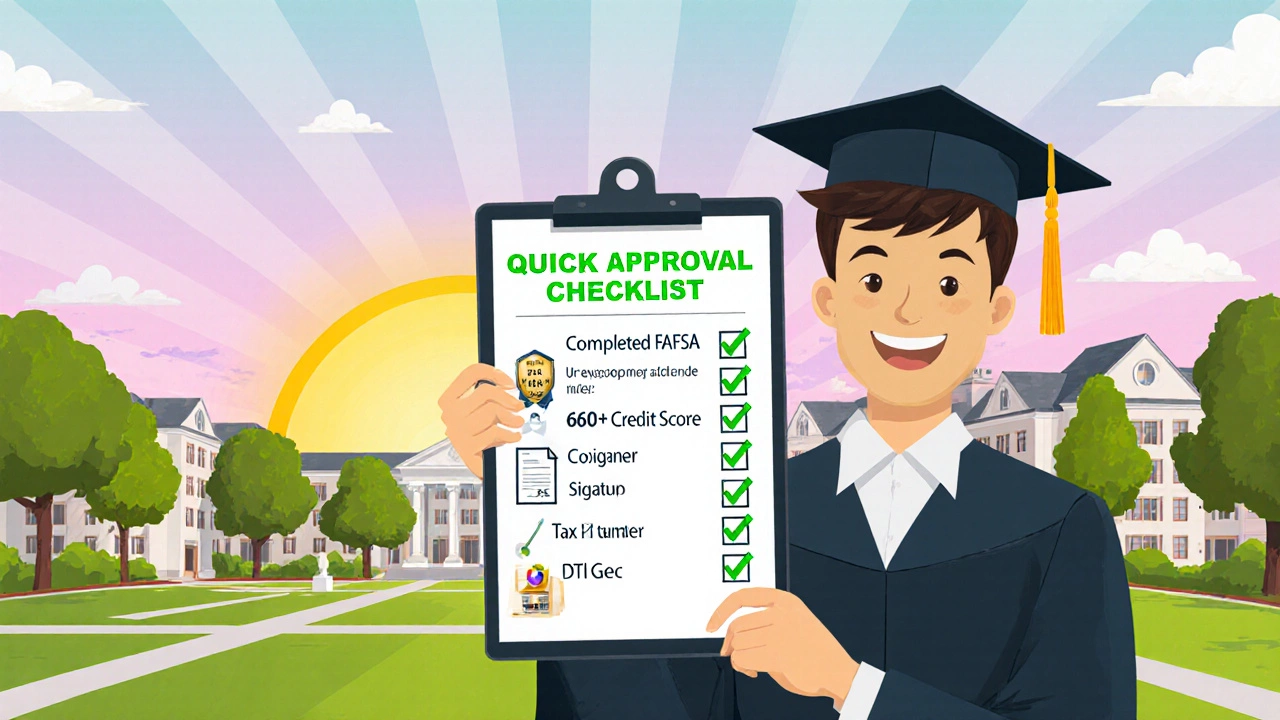 Student holding a checklist with all approval items ticked off.