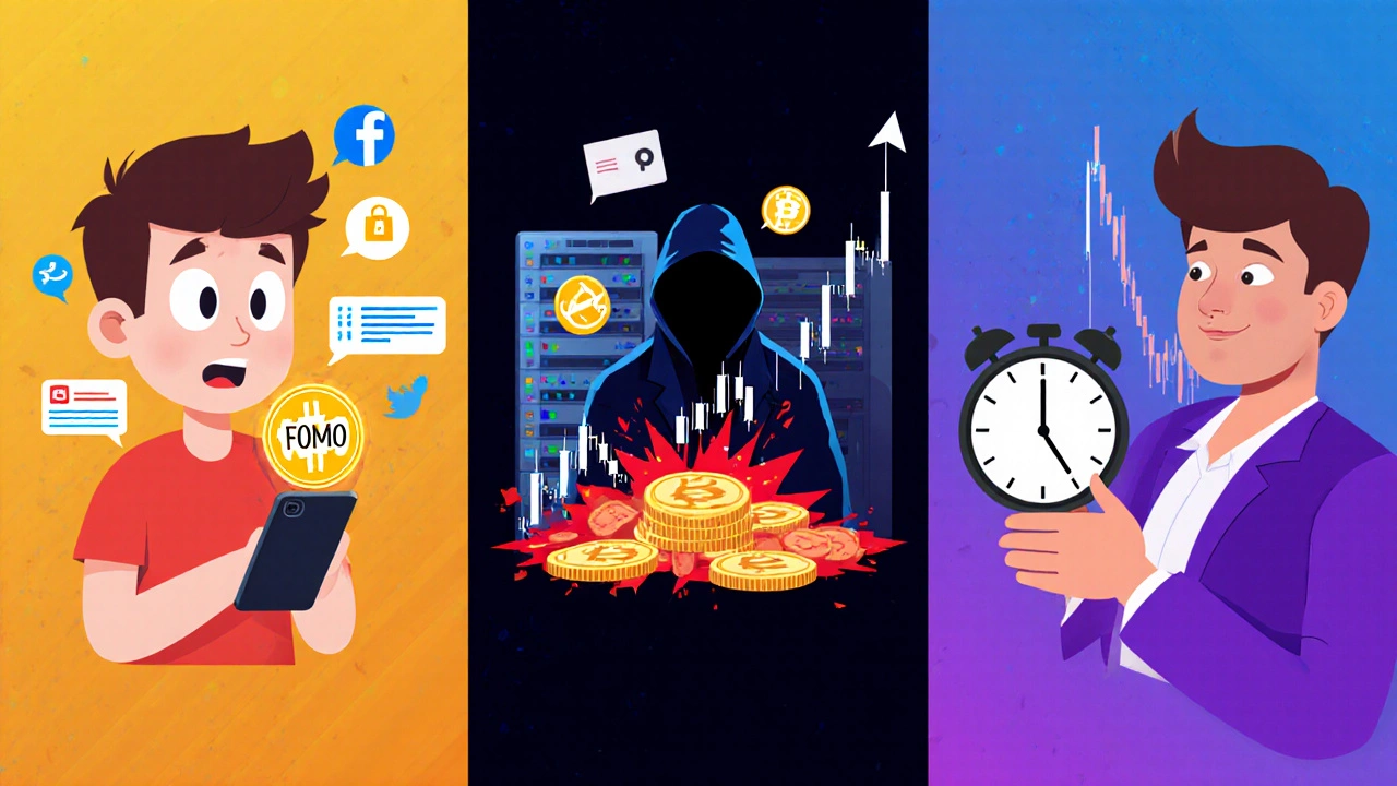 Three‑panel illustration showing FOMO buying, a hack on an exchange, and poor timing on a chart.