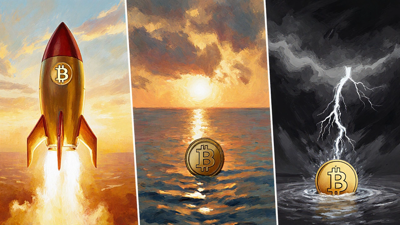 Three scenes illustrating bullish, moderate, and bearish Bitcoin futures.