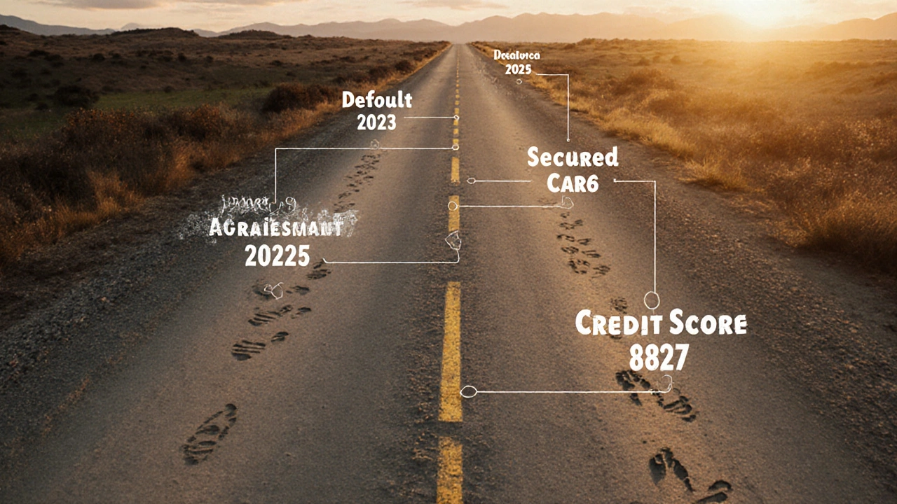 Timeline road in New Zealand showing credit recovery milestones from default to improved score