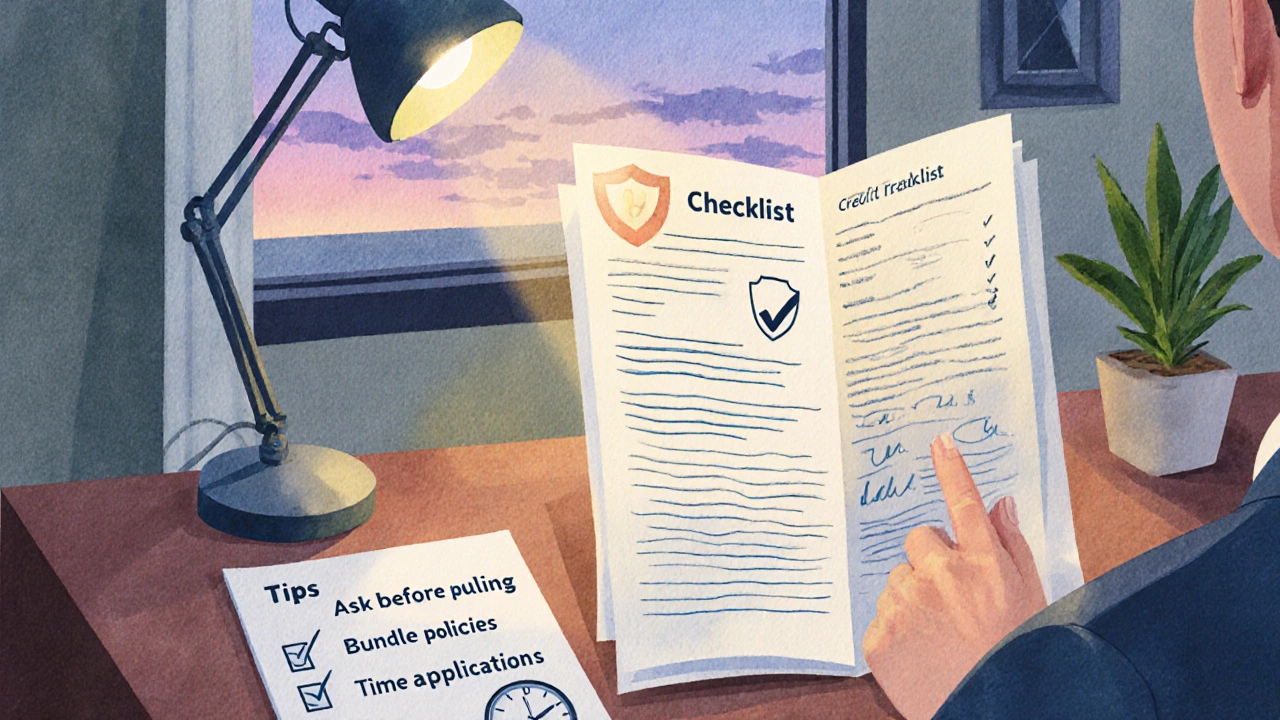 Watercolor scene of a person reviewing a credit report with a checklist of insurance tips on the desk.