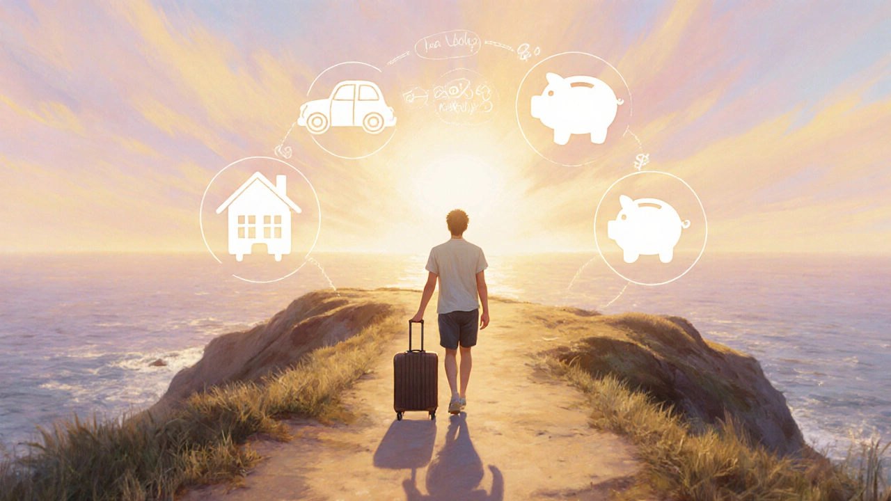 Young adult walking a sunrise coastal path with subtle icons of financial goals.