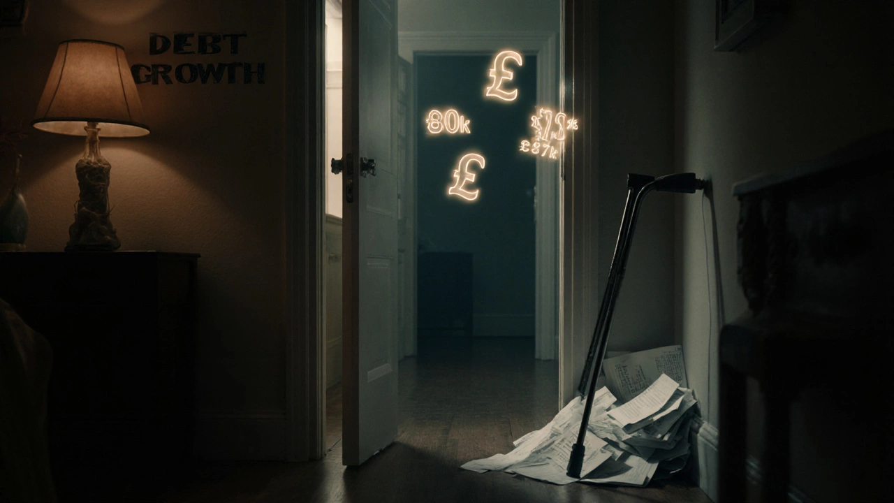 A cane beside open letters as glowing debt figures float down a dark hallway, symbolizing growing financial burden.