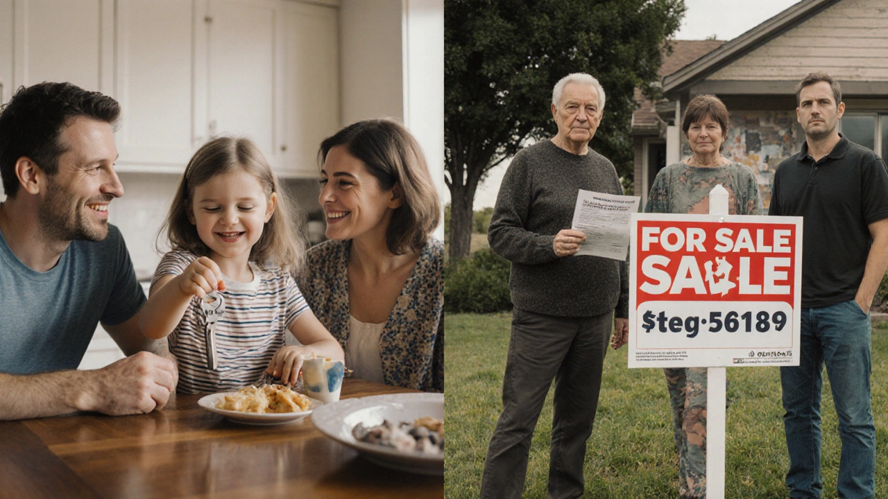 A family divided in time: one side celebrating with a house key, the other facing a For Sale sign with a bank statement.