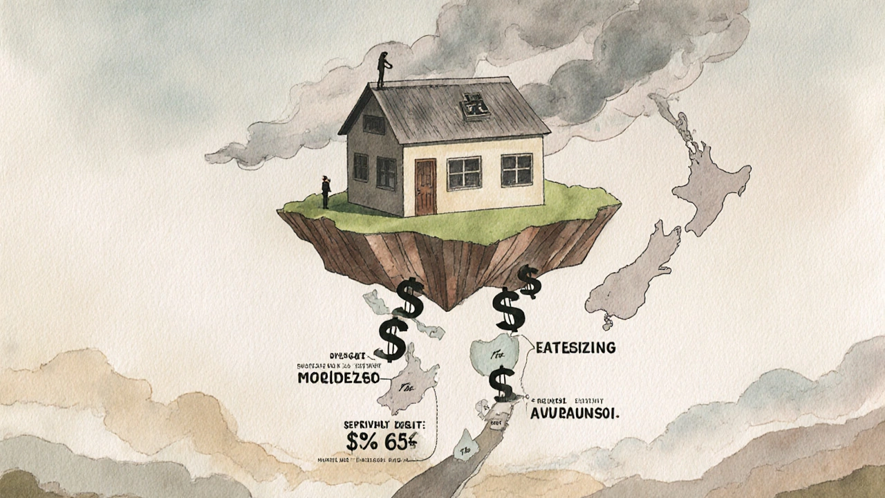 A house floating above New Zealand with equity percentages and location markers.