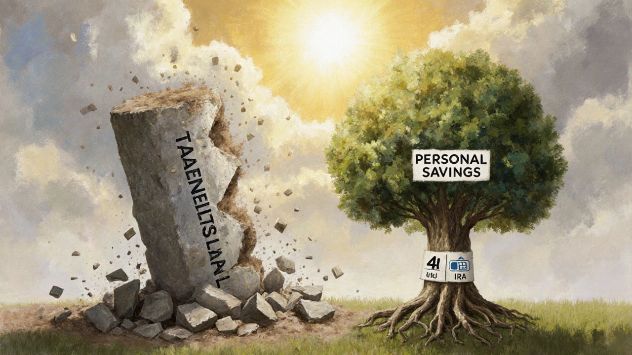 Crumbling pension pillar replaced by a growing tree symbolizing personal retirement savings.