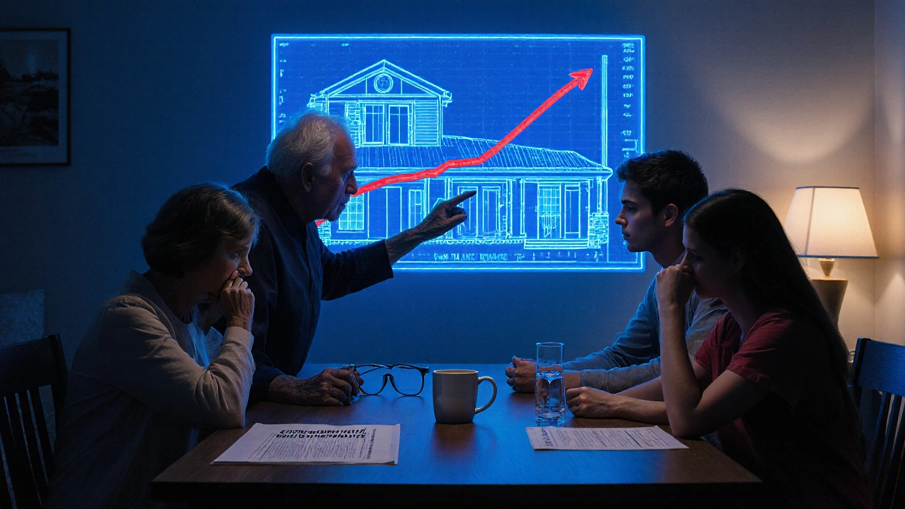 Family gathered around a table with a glowing home equity blueprint on the wall.