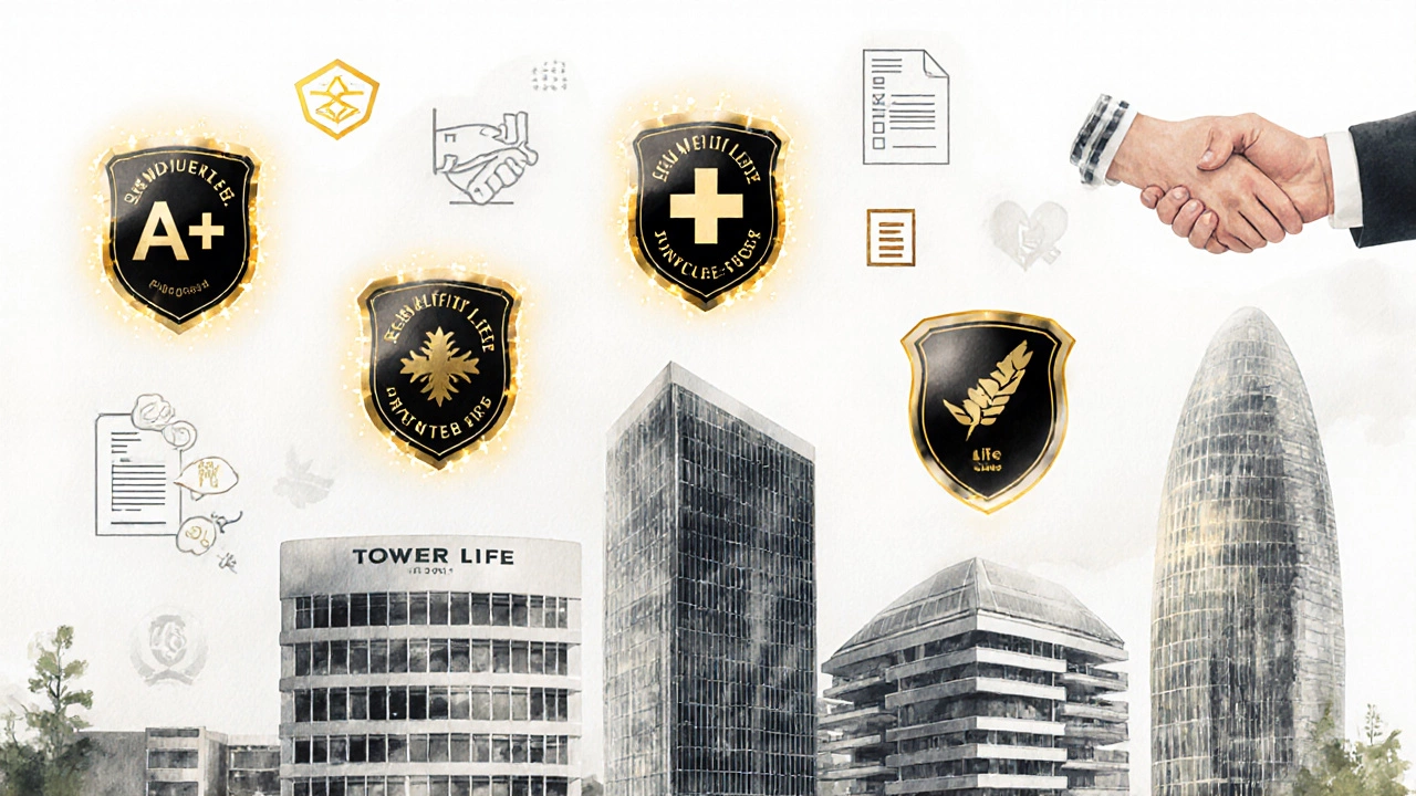 Five trusted life insurance companies represented by buildings with glowing financial ratings.