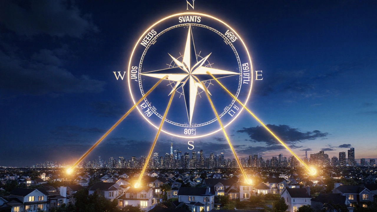 Floating compass with budget categories above a city skyline, golden lines connecting to homes at dusk.
