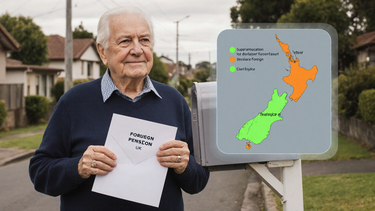 Retiree holding a foreign pension letter, with a transparent tax map overlay showing tax-free and taxable retirement income zones in New Zealand.