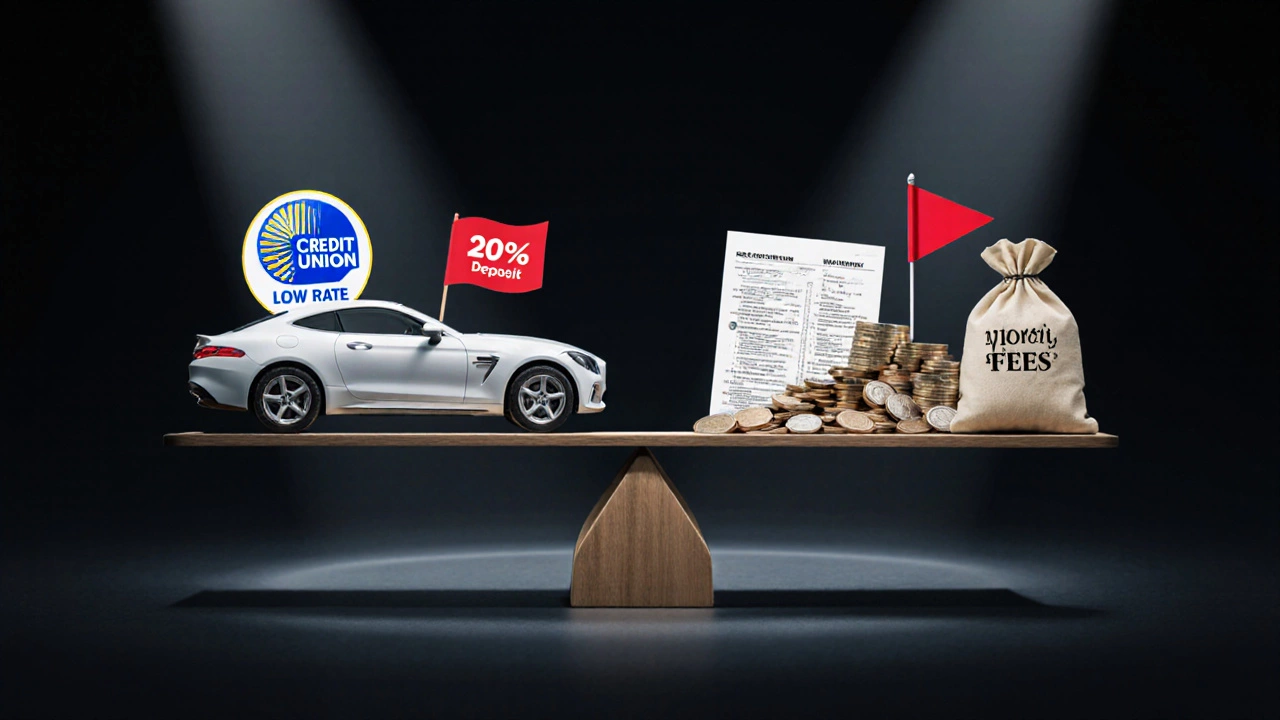 Scale balancing a car against fees and financial documents