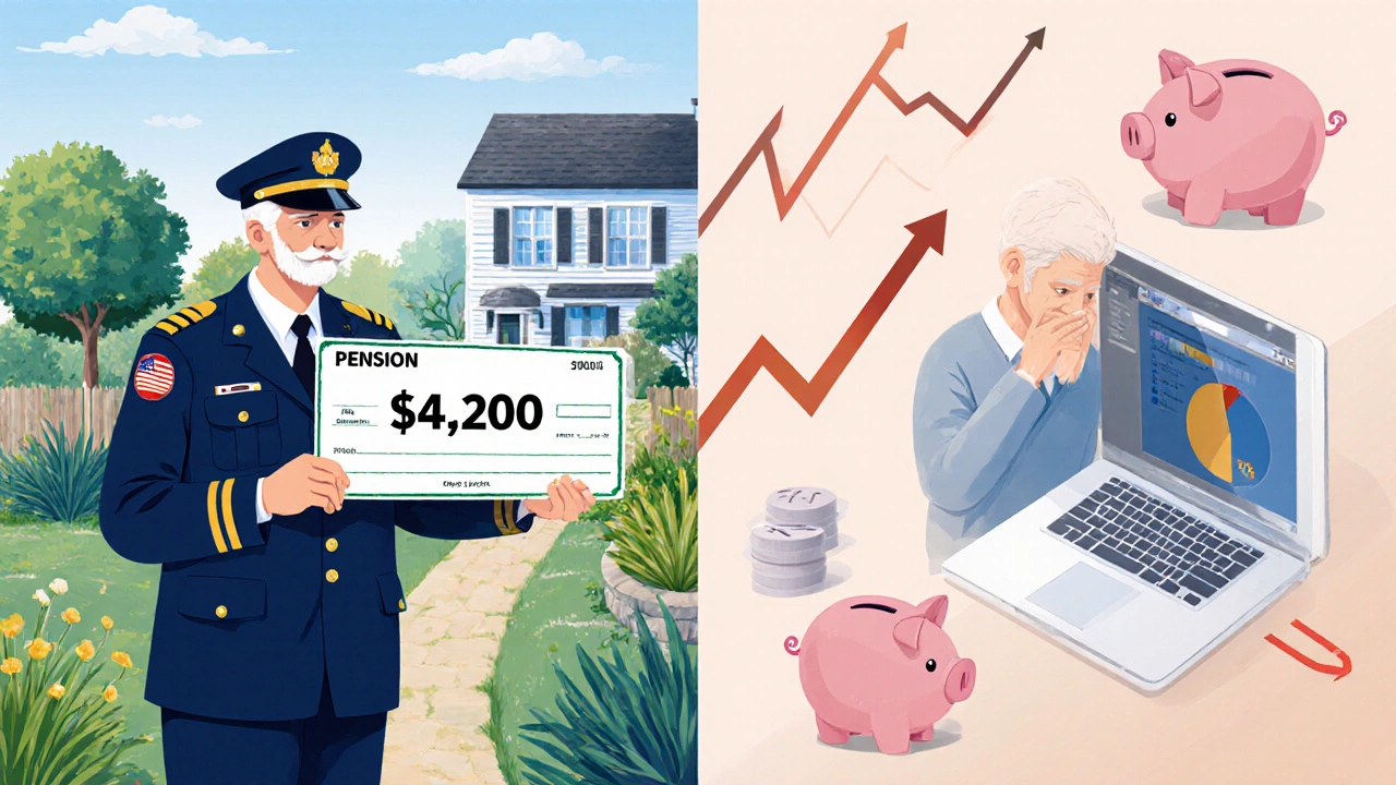 Split scene: public worker with large pension vs. individual facing retirement savings gap.