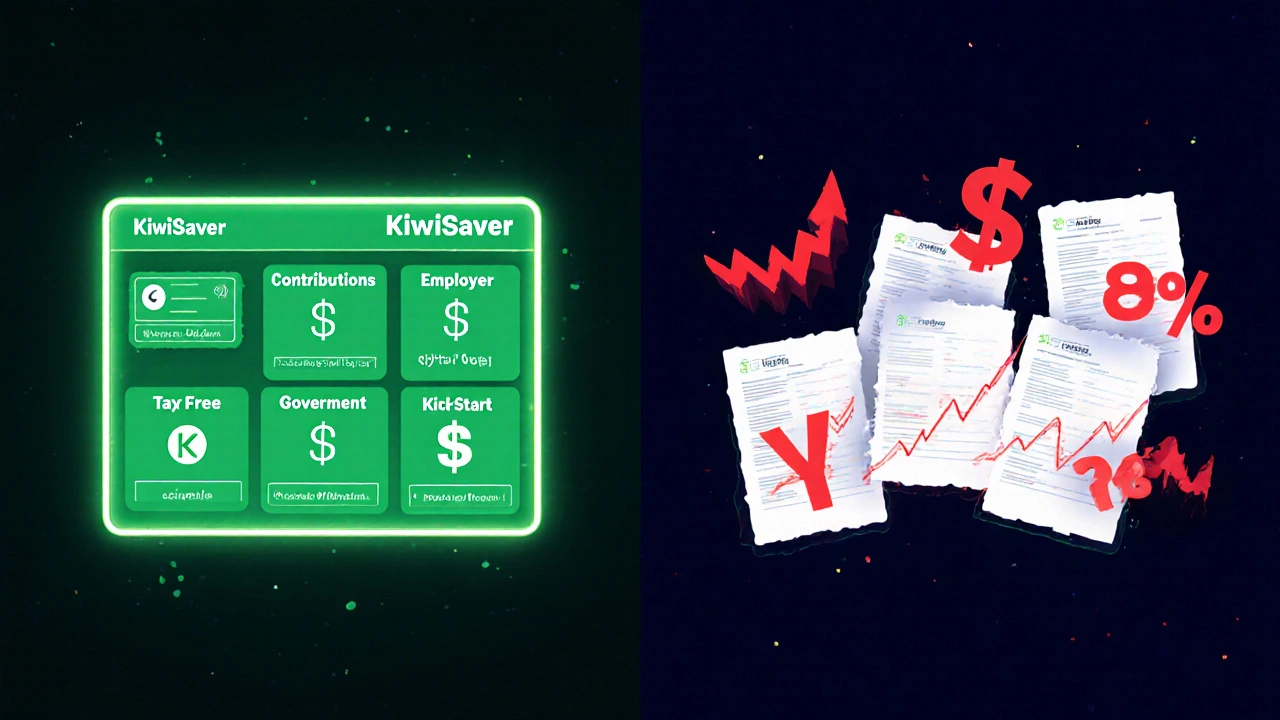 Split-screen illustration showing tax-free KiwiSaver withdrawals on one side and taxable dividends/rental income on the other.