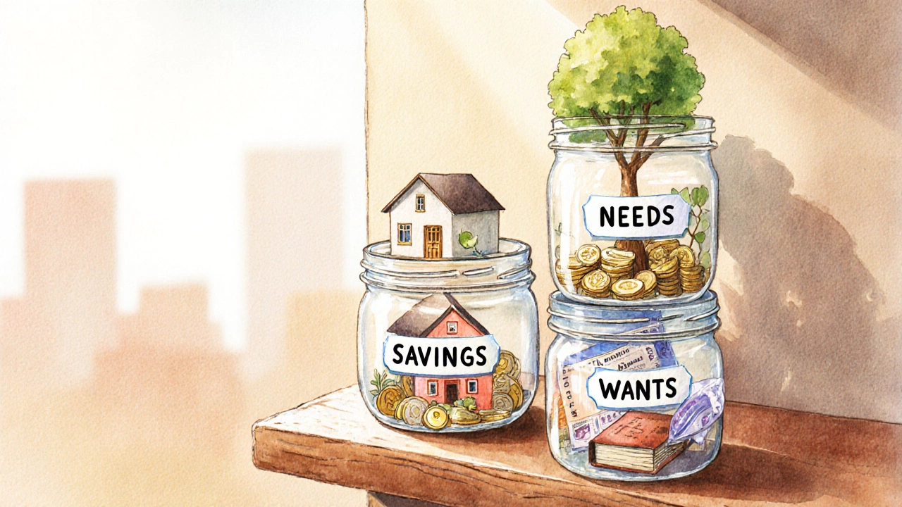 Three watercolor jars labeled needs, savings, and wants filled with symbolic items on a wooden shelf.